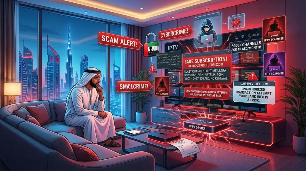 IPTV scams in UAE warning illustration with fake streaming subscription alerts
